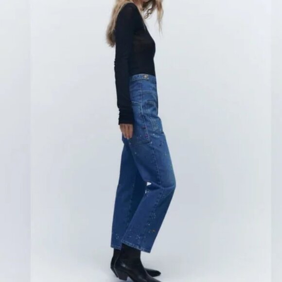Zara High Rise Cropped Painter Denim Jeans - Picture 4 of 8